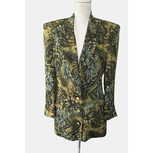 Bloomingdales Silk Blazer Womens Sz 8 Green Floral Lined Crest Buttons‎ Pockets
